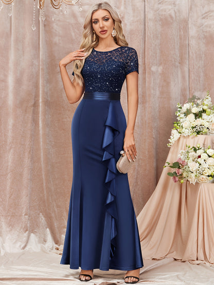 53272 Elegant Womens Sequin Lace Contrast Bridesmaid Maxi Dress, Scoop Neck Short Sleeves, Side Ruffle Detail, Satin Mermaid Hem, Perfect for Graduation Season, Wedding Season, Summer Wedding Guest, Evening Party, Summer Vacation Events And Formal