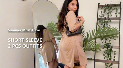 2pcs Set, Plus Size Women's Suit, Short Sleeve, Belted Waist, Top And Leggings