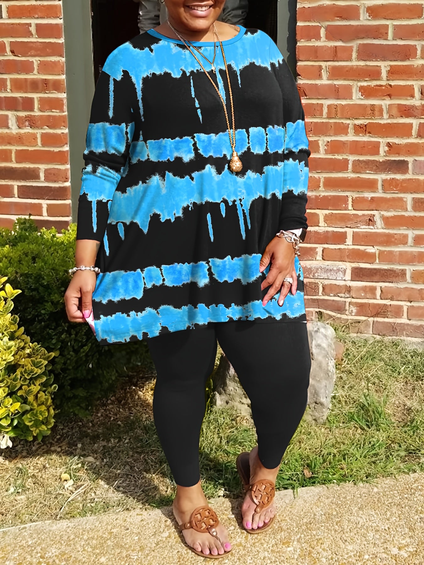 Plus Size - Plus-size Fashion Tie-dye Striped Print Long-sleeved Trousers Suit, Suitable For Going Out