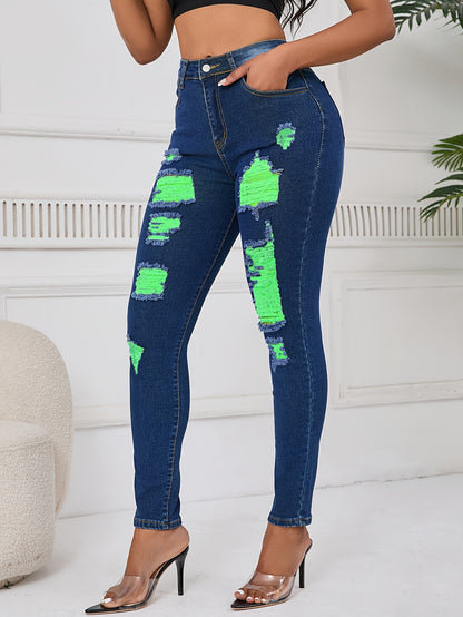 Women Distressed Jeans Women`S Waist Stretch Denim Pants Color Ripped Yellow Detail Skinny Jean for Women