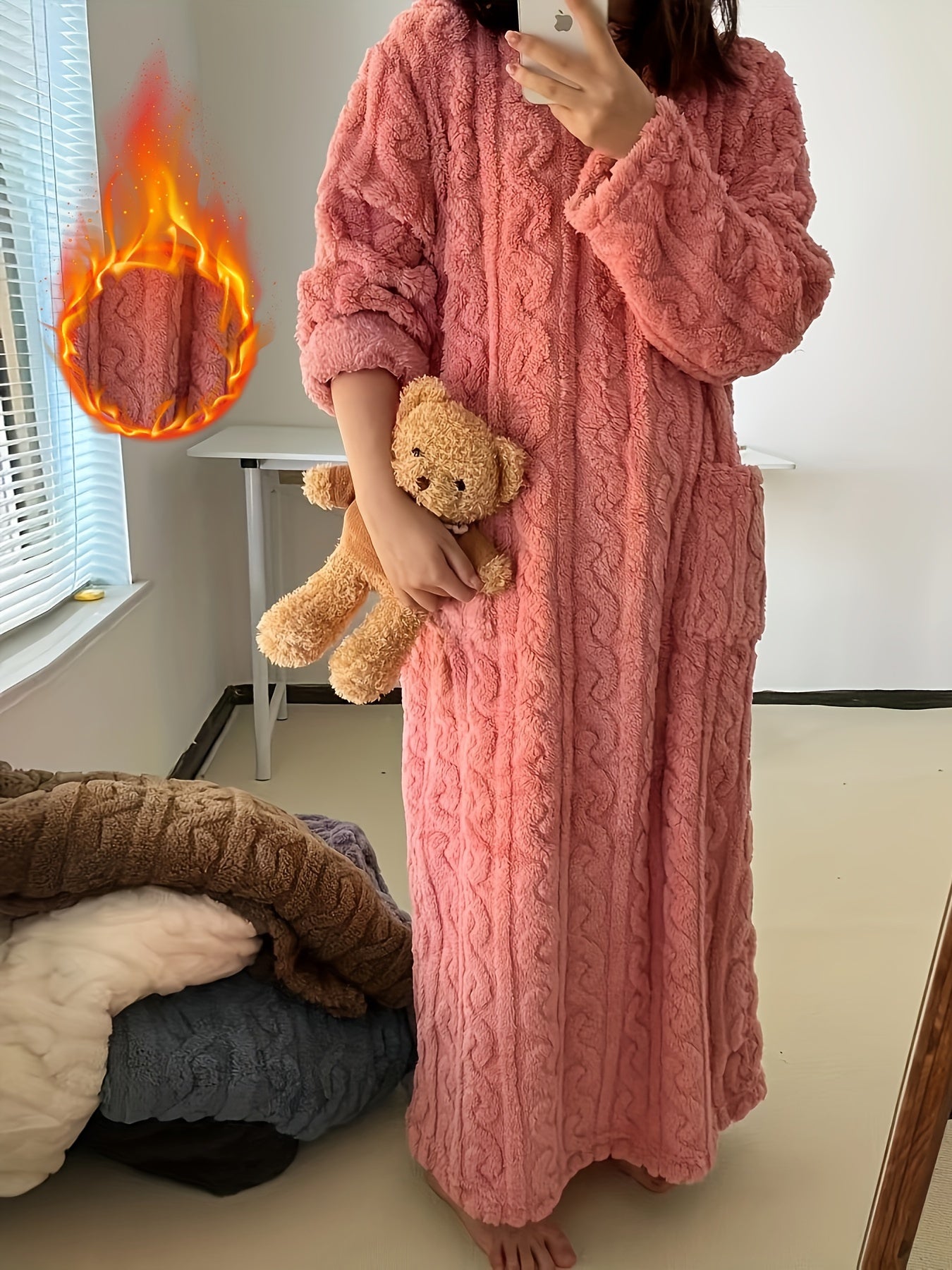 Ladies' Thick Coral Velvet Sleeper Robe - Super Soft Long with Pocket, Winter Home Sleeper, Machine Washable SPA Casual Clothing, Comfortable and Warm Home Outfit, Round Neck Warm Sleeper, Durable and Comfortable Material