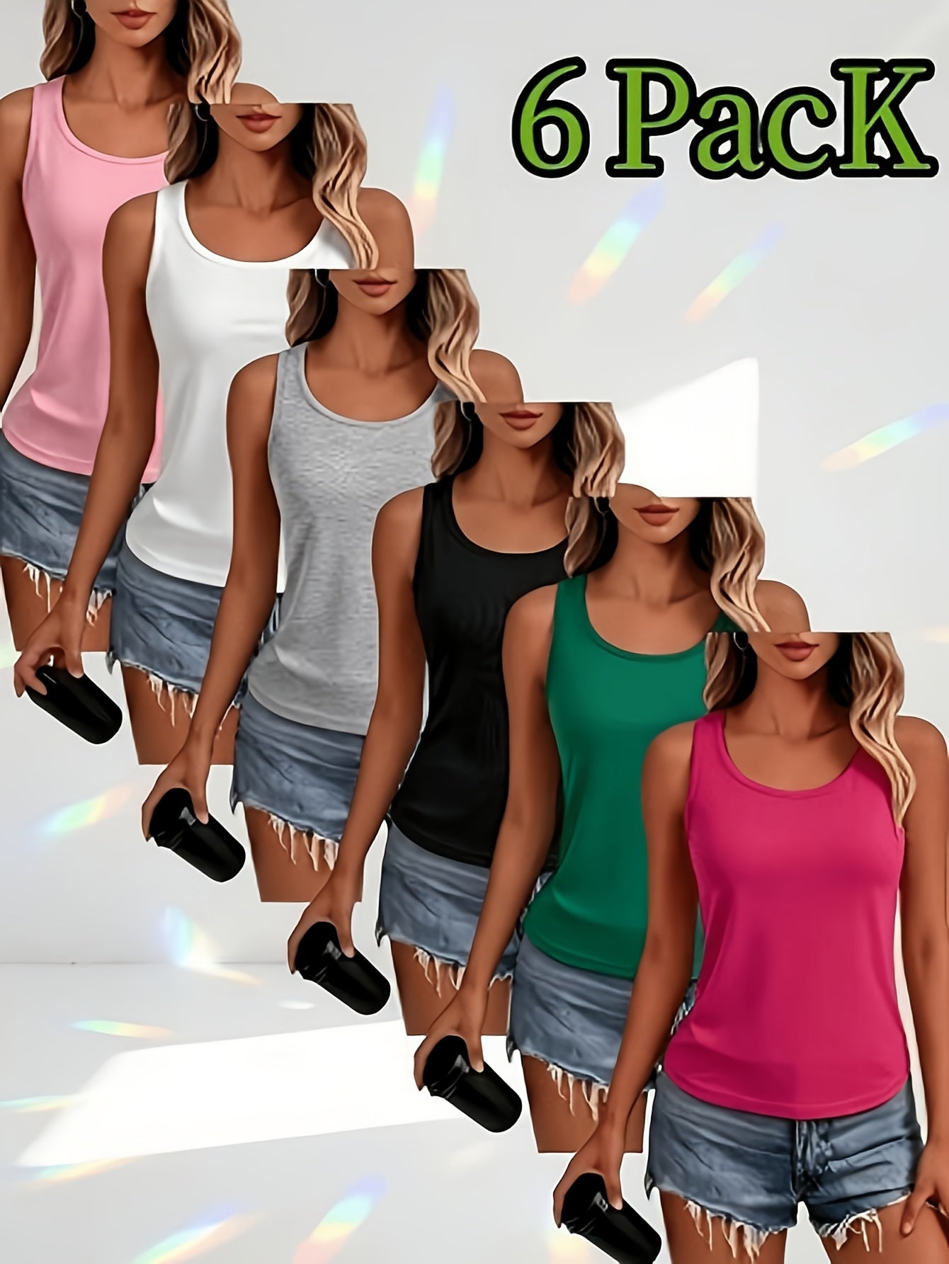 6pcs Women's High-Stretch Breathable Sleeveless Vests - Solid Color Round Neck Basic Layering, Athletic Blouses Suitable for Daily Wear, Gym, Office, Machine Washable, Non- Opaque Shirts