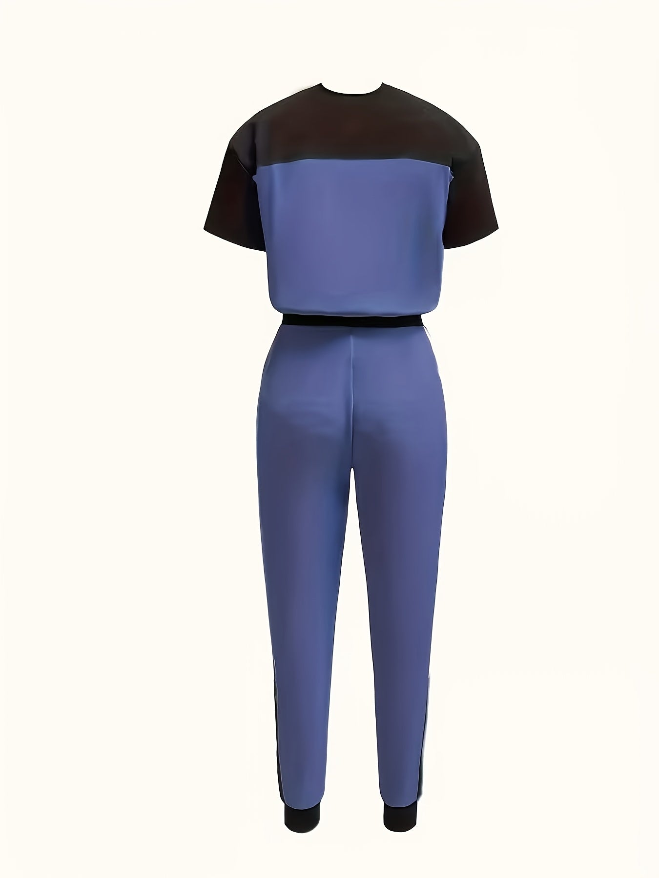 Stylish And Relaxed Color-Blocked Round-Neck Short-Sleeve T-Shirt Paired with Long Pants