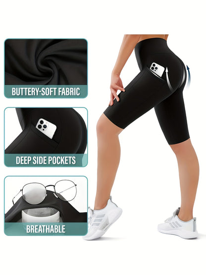 4pcs Women'S High-Waisted Tummy Control Yoga Shorts With Pockets For Running, Cycling, Fitness Breathable Fabric, Navy, Burgundy, Charcoal, Black Activewear, Gym Shorts, Running Gear, Functional Pockets, Thanksgiving Day Christmas Costumes For Women