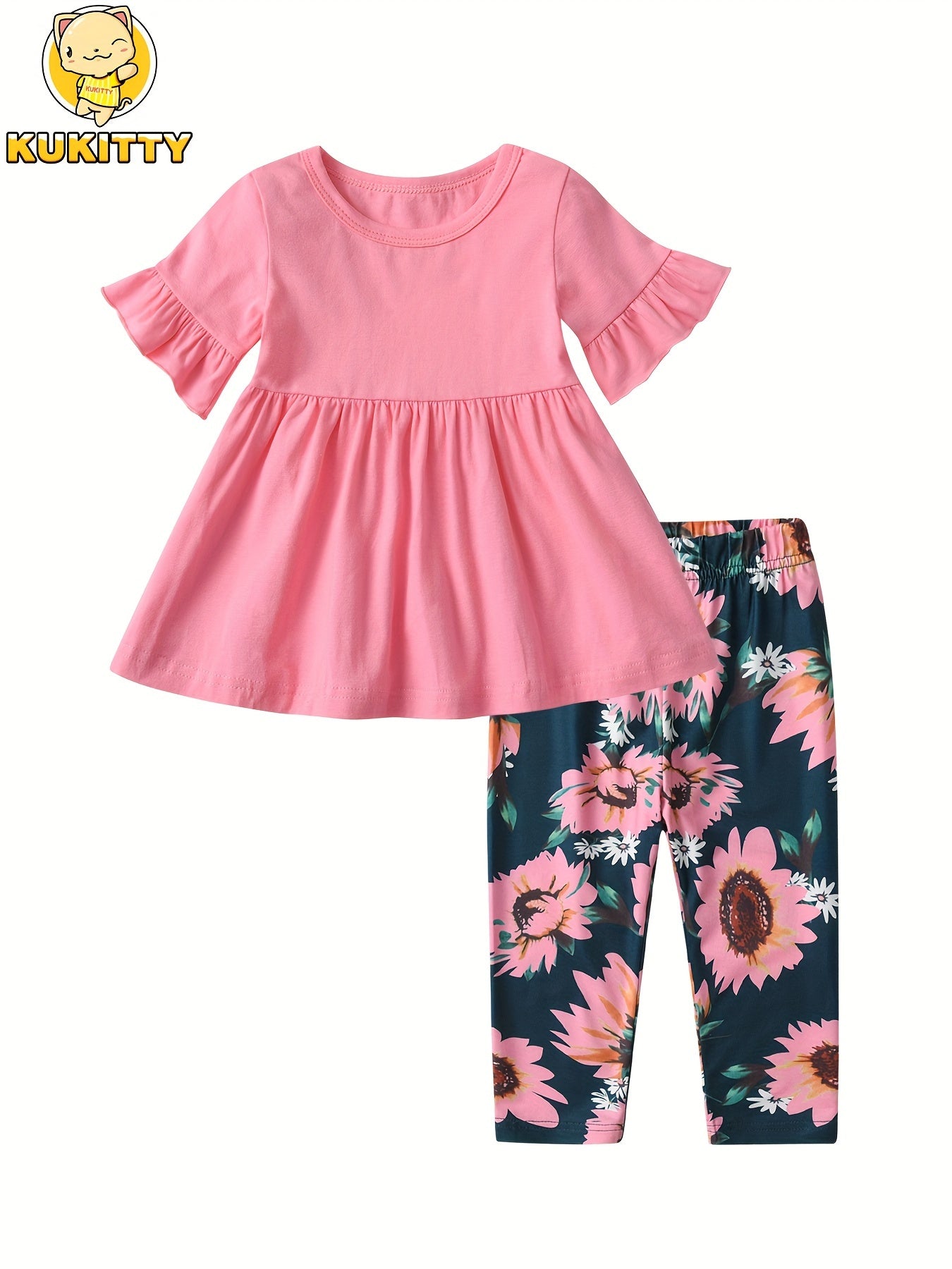 KuKitty Toddler Baby Girl Clothes Solid Color Flared Sleeve Ruffle Tops Sunflower Print Pants Outfits Set, Perfect for Outdoor