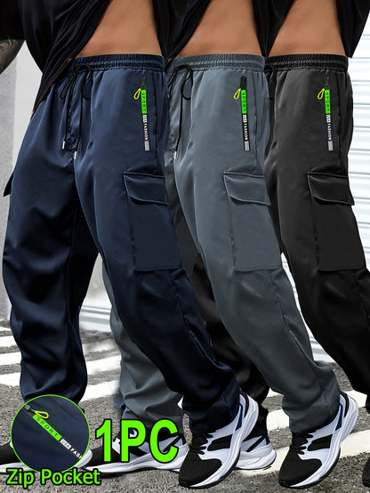 1pc Men'S Spring/Fall Cargo Pants with Large Zipper Pockets & Drawstring Waist - Olive Green Casual Outdoor Joggers for Hiking, Daily Wear, and Leisure Activities, Jogging Pants, Straight Leg Fit