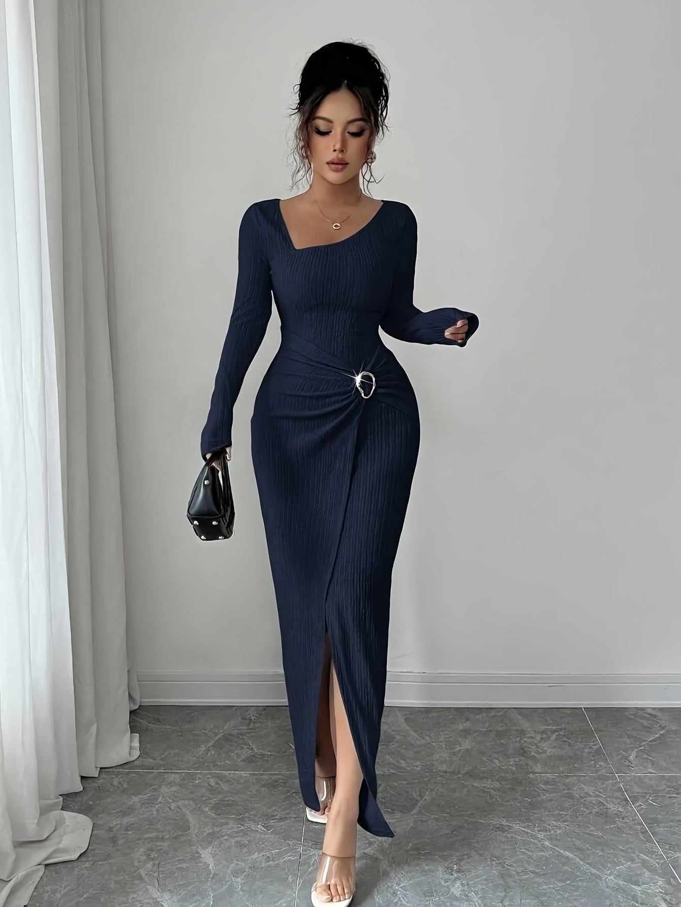 Women'S Solid Color Twisted Split Maxi Dress Asymmetrical Neck Slim Bodycon Fall Winter Elegant Fashion Dress