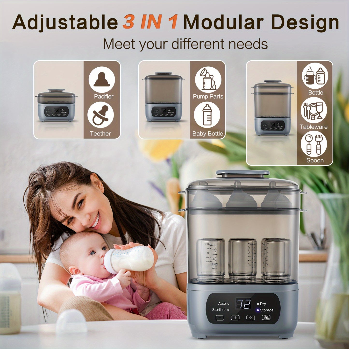 Bottle Steamer and Dryer, 4-in-1 Universal Fit for All Bottles, Easy Control Electric Steam Bottle Dryer for Stuffs & Breast Pump Accessories, LED Touch Screen, Auto Shut-Off, 2 Colours