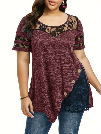 Plus Size - Plus Size - Women'S Plus Size Lace Trim Blouse Tops, Flattering V-Neck Tunic Shirt, Casual Dressy Elegant Tops, Flowy Tunic Top with Lace Sleeves, Comfort Stretch Blouse for Women, Loose Fit Shirt, Sizes XL-5X