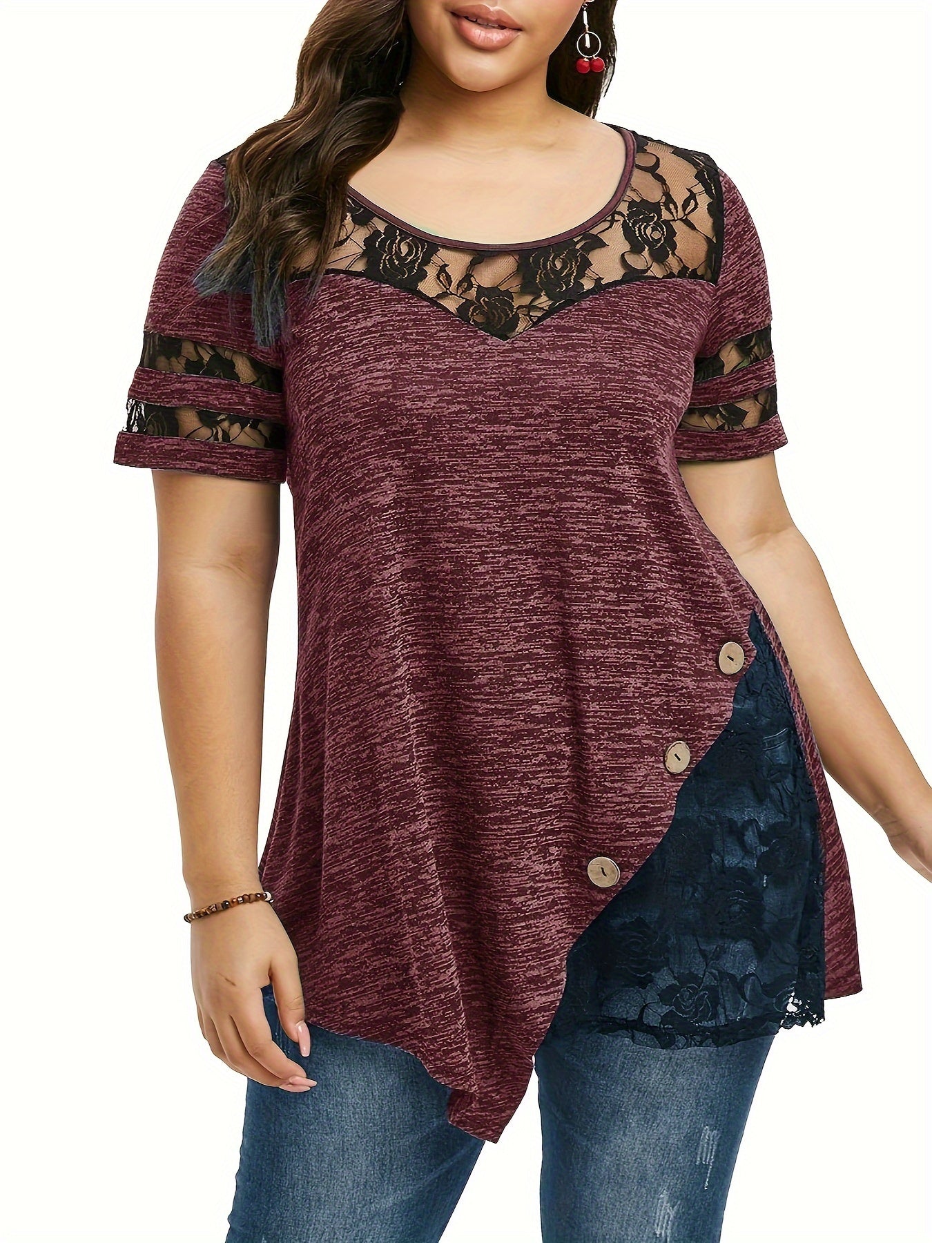Plus Size - Plus Size - Women'S Plus Size Lace Trim Blouse Tops, Flattering V-Neck Tunic Shirt, Casual Dressy Elegant Tops, Flowy Tunic Top with Lace Sleeves, Comfort Stretch Blouse for Women, Loose Fit Shirt, Sizes XL-5X