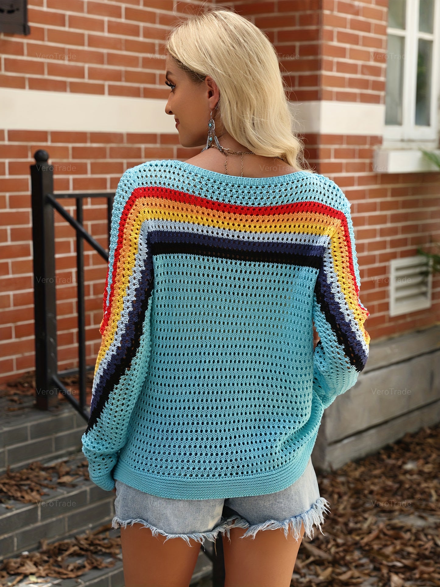 Women's Countryside Style Colorful Striped Hollow-Out Sweater - Fall Winter Long Sleeve Crewneck Pullover|Cute Y2K Fashion Top, Casual Streetwear for Autumn, Trendy Vacation Outfit