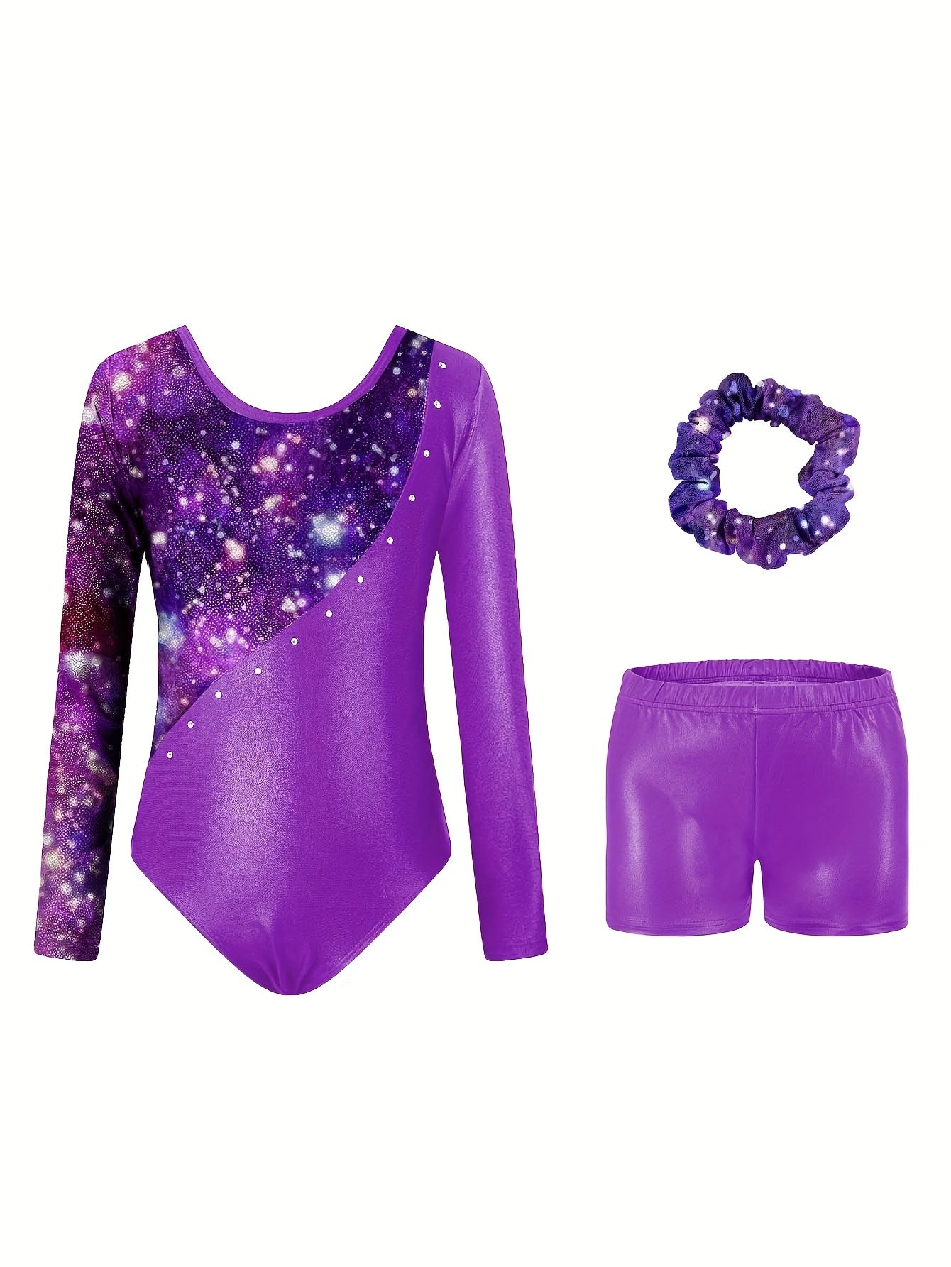 Girls' 3pcs Gymnastics Leotard Set with Stars Pattern, Long Sleeve Bodysuit & Matching Shorts - Includes Hairband, Stretchy & Breathable Fabric for Dance Training, Perfect for Outdoor, All Seasons, Gift for Back-to-School Season, Beach Essentials