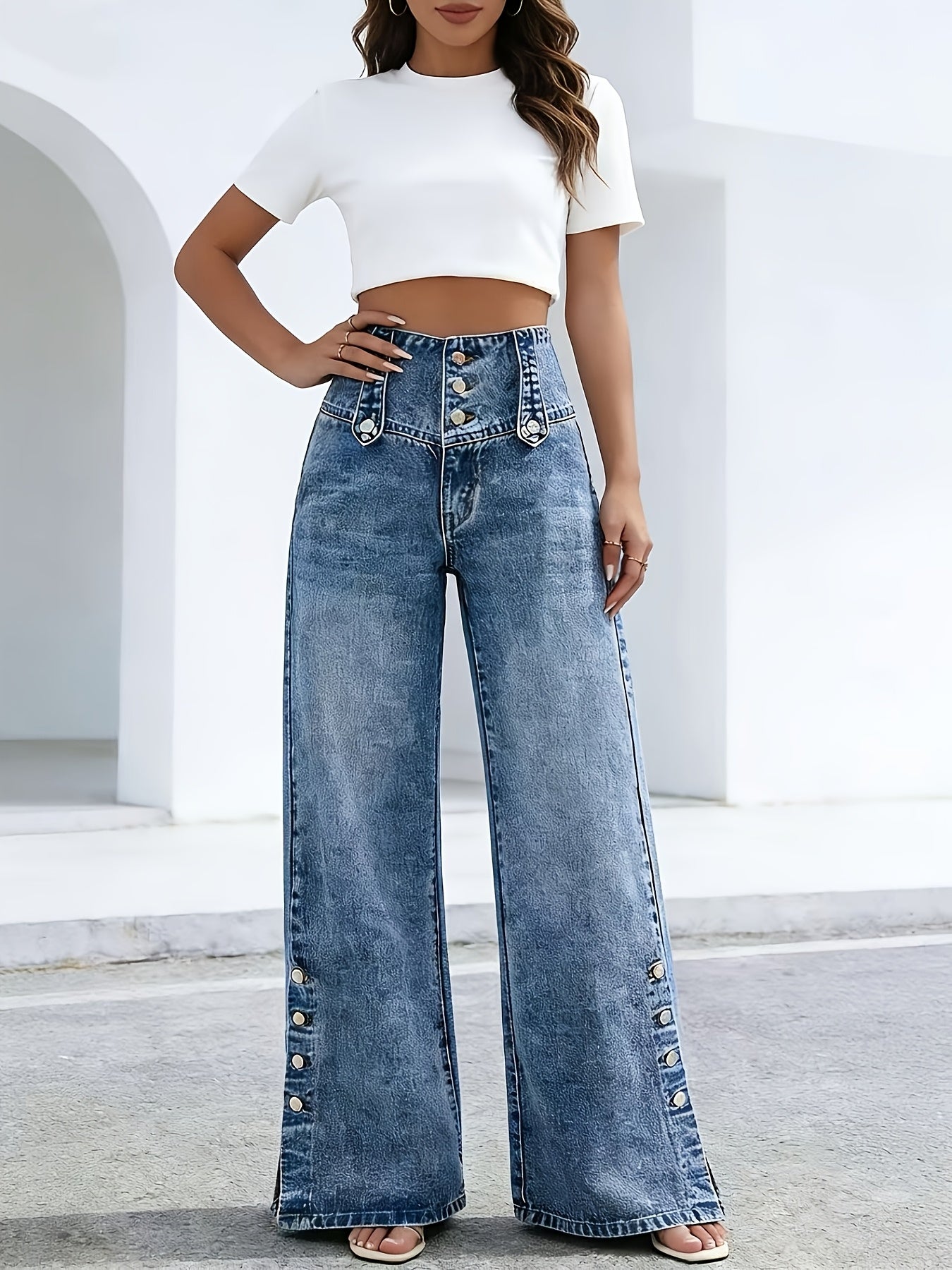 Women'S Casual Fashion Button-Waist Relaxed Fit Jeans Featuring an Open-Hem Design, Versatile for Multiple Occasions a Timeless, Year-Round Staple That Pairs Effortlessly with Any Outfit