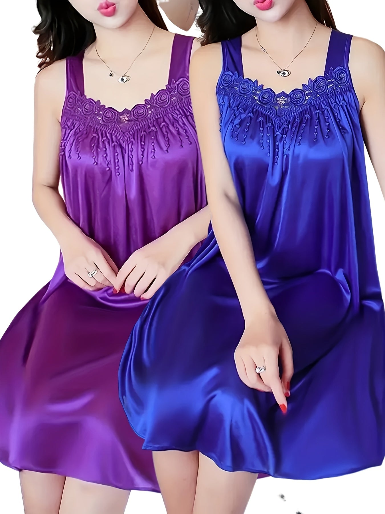 2pcs of Women'S Elegant Lace Pajamas - Smooth Satin Fabric, Purple And Blue, Sleeveless Round Neck Nightgown, Exquisite Floral Lace Details, Light And Comfortable in Summer