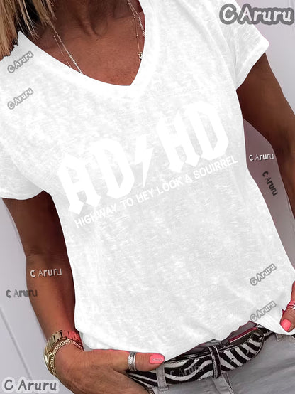Women'S V-Neck T-Shirt Featuring a Rock Band ADHD Design, Suitable for Spring And Summer. It'S Casual, Versatile, Comfortable, And Breathable, Machine Washable, Making It Perfect for Home, Outings, Or As a Gift. an Essential Piece for Summer