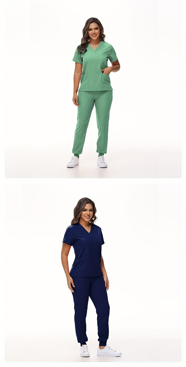 [Breathable Scrubs Set] Scrubs Top And Pants Unisex Breathable Quick Drying Scrubs Uniform Women And Man Scrubs Set V-Neck Top T-Shirt And Tapered Leg Jogger With Drawstring Nursing Uniforms Set Suitable For Pet Hospitals, Dental Clinics, Nursing Work, Et