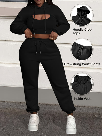 Women'S 3pcs Sweatsuits Sets Sexy Super Cropped Hoodie Tank Top And High Waisted Jogger Sweatpants Matching Loungewear Athleisure Outfits