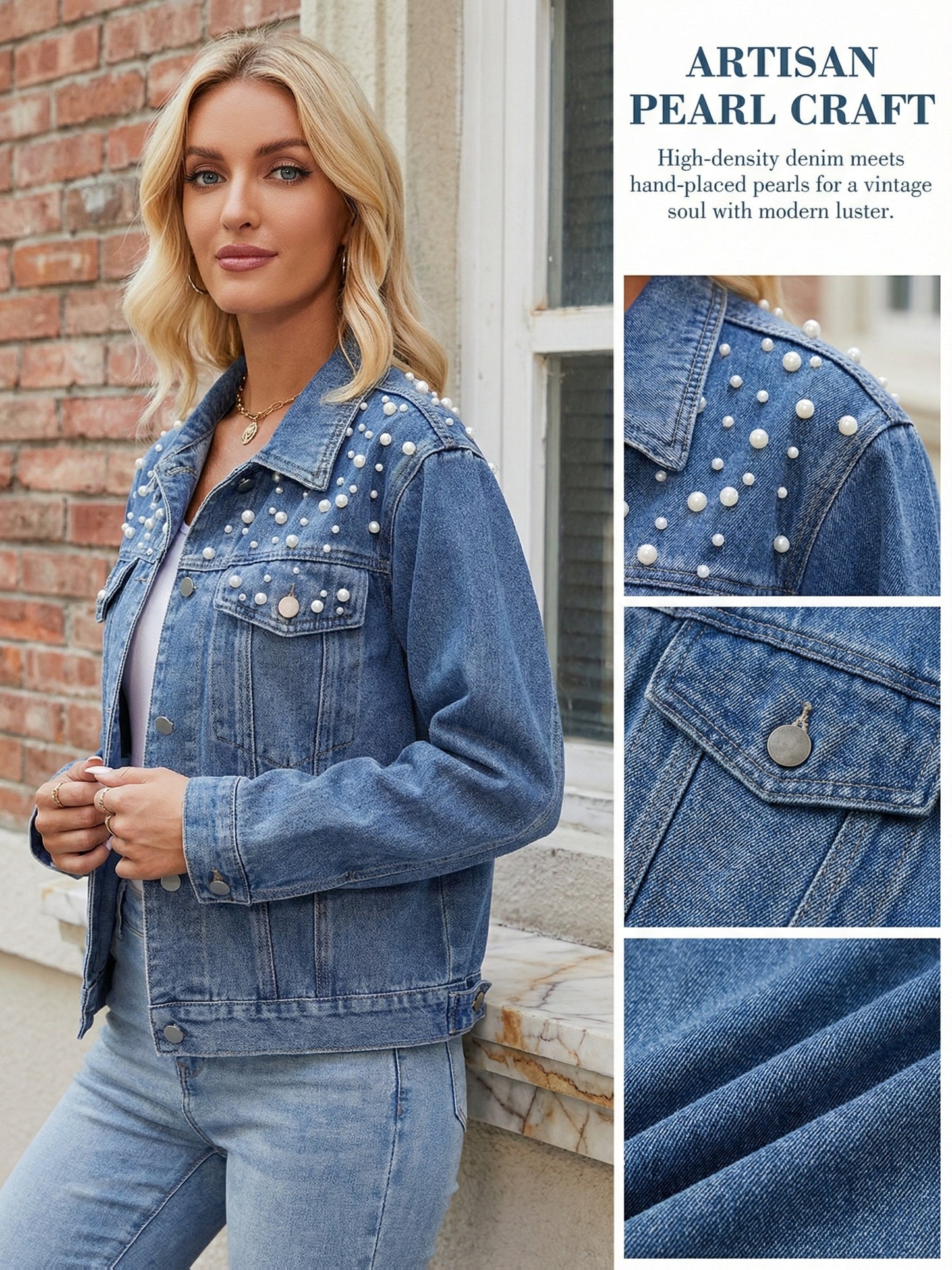 [Pearl Beaded Denim] Women's Denim Jacket, Pearl Beaded, Front Button, Blue Wash Denim, Suitable for Casual, Party, Etc., Party Coat | Pearl Embellished Denim