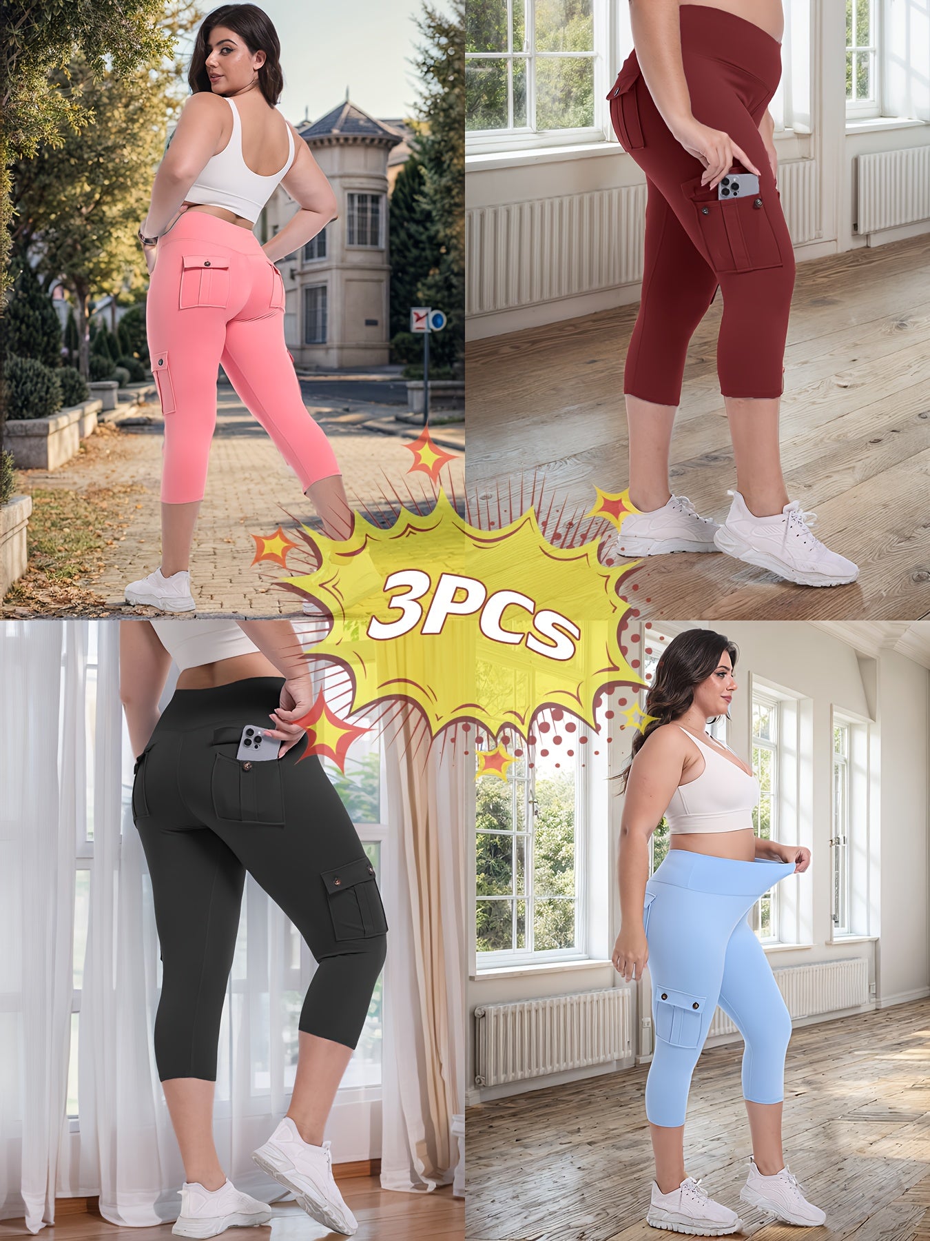 3-packs High Waist Yoga Capri Pants 3pcs Capri Pants Set, 4 Way Stretch Butt Lifting Tummy Control, 4 Button Pockets Workout Running Sports Pants