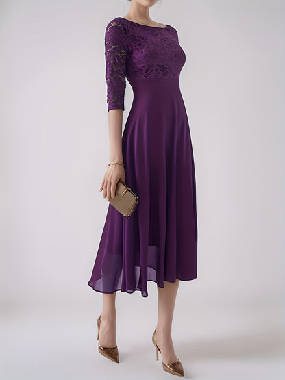 Elegant Navy Blue Lace-Trimmed Chiffon Evening Gown with Short Sleeves And Flowing Skirt, Perfect for Formal Events And Parties, Formal Evening Gown