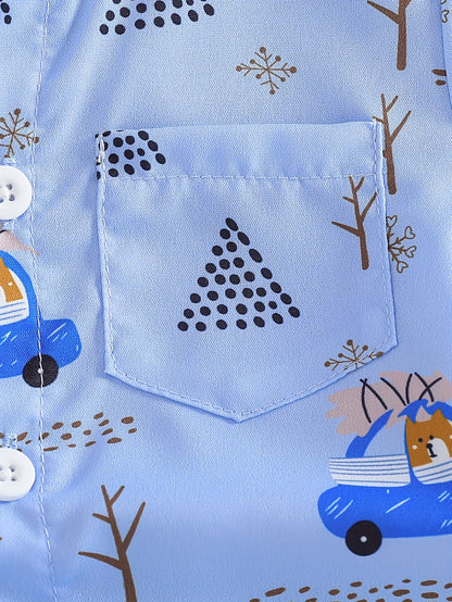 Summer Attire for Young Boys: A Two-Piece Beach Featuring a Button-Up Shirt with Cartoon Car Design And Plain Shorts, for Outdoor