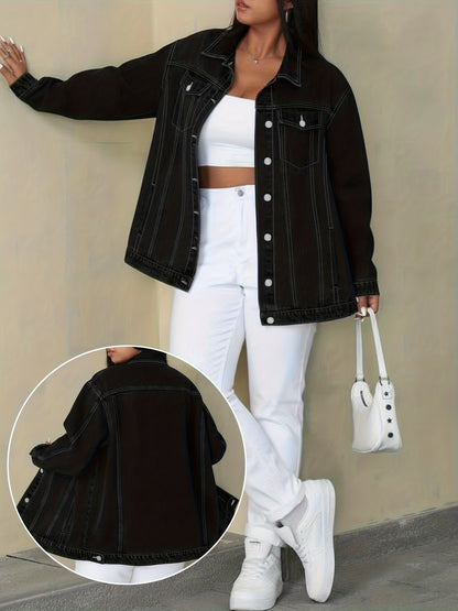 Plus Size Solid Color Collared Button-Front Denim Jacket - Women's Mature Stylish Street Casual Style Loose Fit Daily Comfortable Autumn Winter Plus Size Denim Top