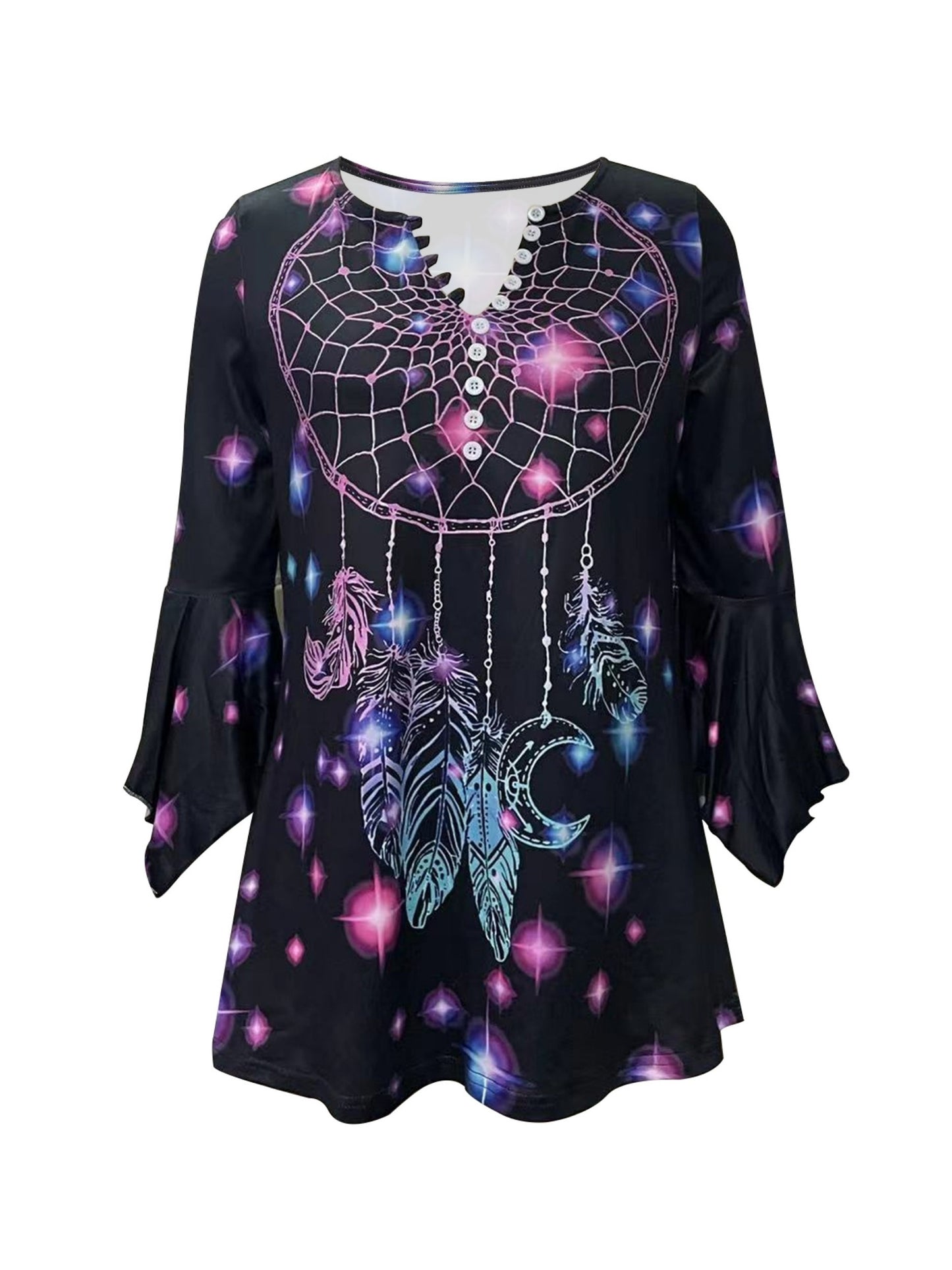 Spring And Autumn Colorful Print V-neck T-shirt with Button- Decoration And Irregular Sleeves