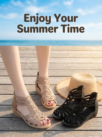 Summer 2025 Women's Chunky Gladiator Sandals | Cloud Comfort Footbed & Arch Support | Boho Strappy Design In Sizes US 6-10.5 (Euro 35-43) - Outdoor Beach to Street Shoes Black/Golden Women Shoes