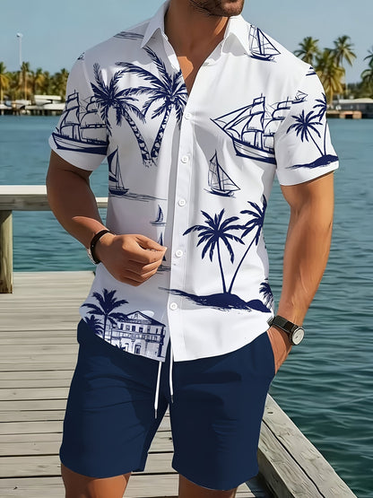 2pcs Summer Casual Daily Men's Shirt Shorts Set, Hawaiian Print Pattern, Suitable Outdoor Sports, Men's Beach Shorts Casual Round Neck Short Sleeve Shirt T-Shirt and Elastic Waistband Shorts, Ted Polyester Fabric, Washable