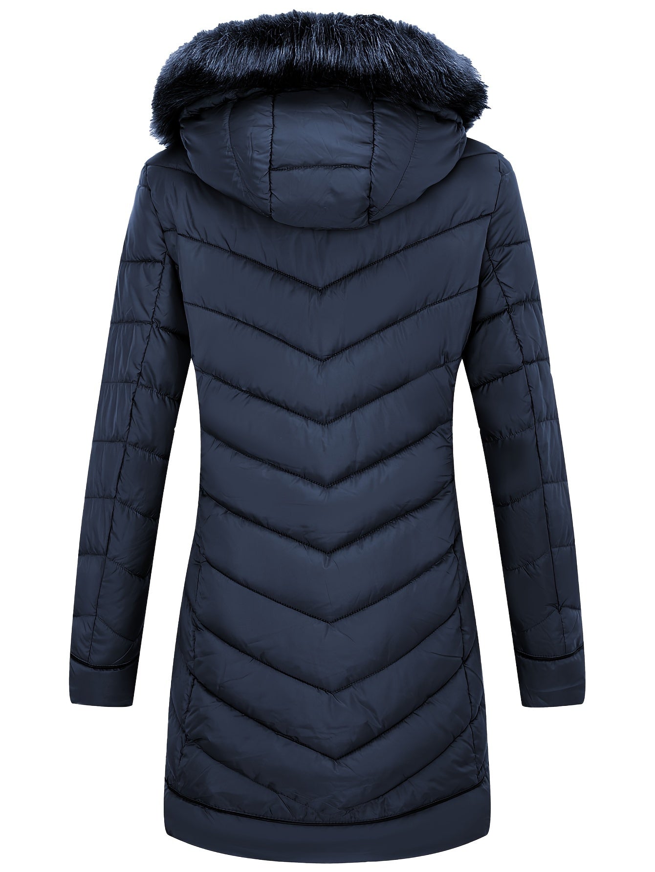 Zip-up Faux Trim Hoodie Puffy Coat, Casual Thermal Long Sleeve Coat for Fall & Winter, Women's Clothing