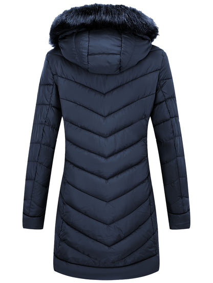 Zip-up Faux Trim Hoodie Puffy Coat, Casual Thermal Long Sleeve Coat for Fall & Winter, Women's Clothing