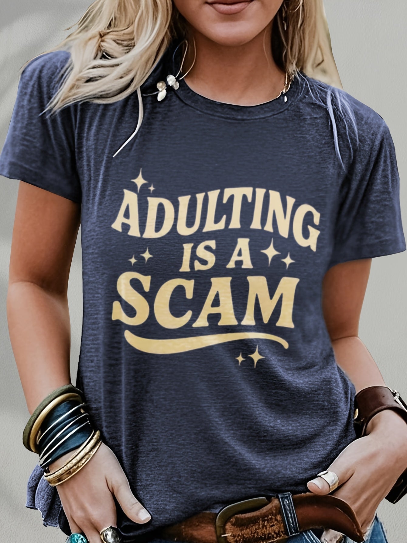 Women's Funny "Blended Adult Is a Scam" T-Shirt - Retro Humorous Slogan Short Sleeve Round Neck Blouse Suitable for Her Gift, Casual Statement Top for Daily Wear & Humor Apparel, Machine Washable Comfortable Everyday Outfits