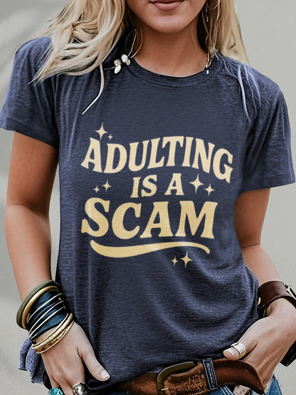 Women's Funny "Blended Adult Is a Scam" T-Shirt - Retro Humorous Slogan Short Sleeve Round Neck Blouse Suitable for Her Gift, Casual Statement Top for Daily Wear & Humor Apparel, Machine Washable Comfortable Everyday Outfits