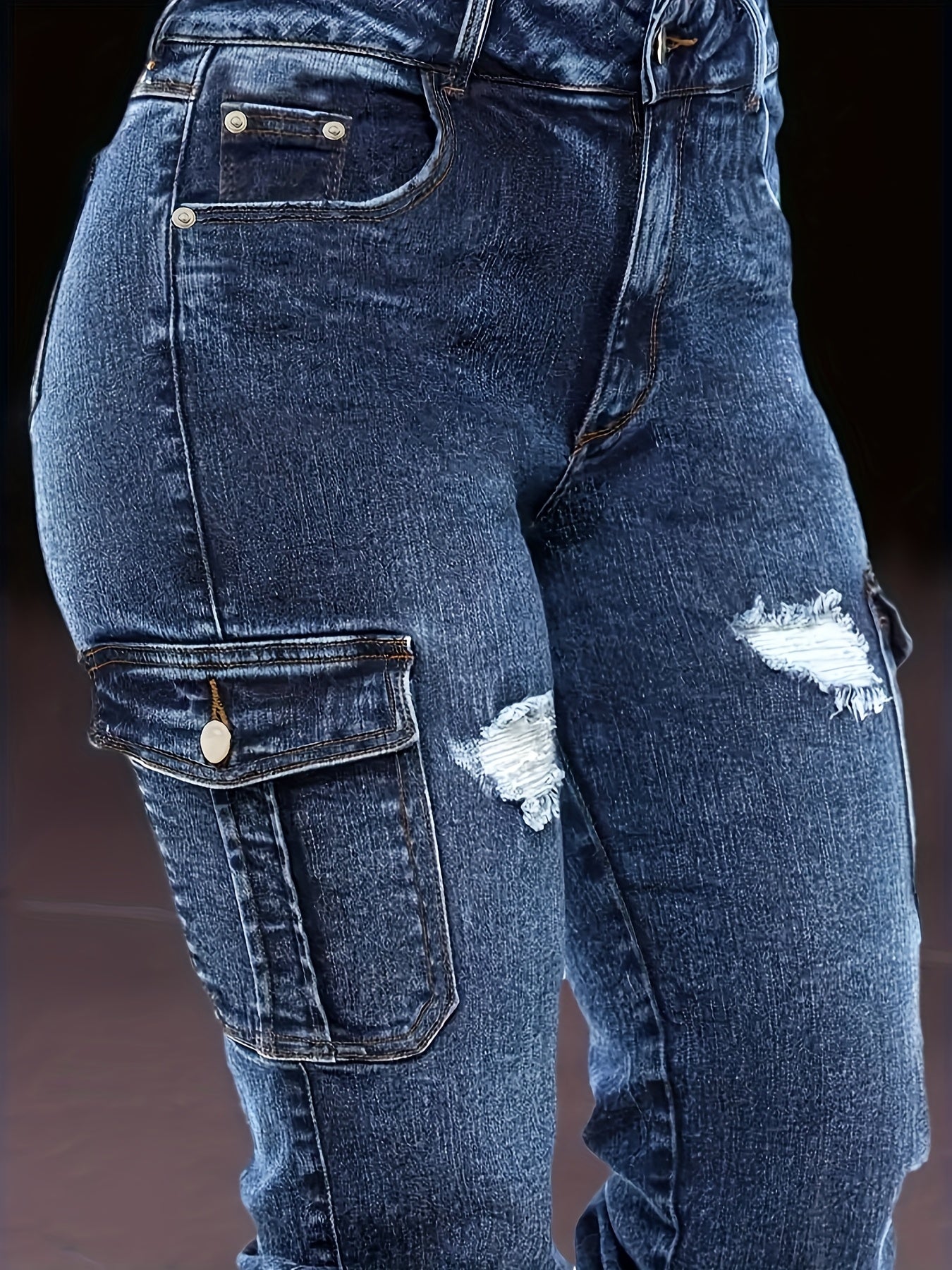 Women'S Distressed Stretch Cropped Denim Jeans - Fashionable Elastic Cuff, Multi-Pocket Casual Cargo Style, Washed Blue with Golden Accents, Casual Denim Wear|Sporty Cropped Jeans|Durable Fabric