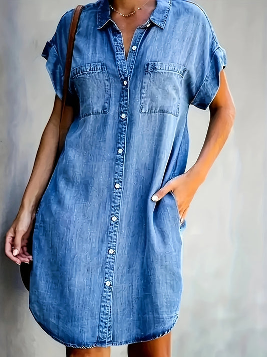 Denim-Like Shirt Dress Lightweight Breathable Short Sleeve Loose Fit Casual Dress - Lapel Short-sleeved Fitted Dress, Fashion Home Pajamas Bathrobes, Vintage Pocket Short Sleeve Dress, Casual A-Line Blue Dress