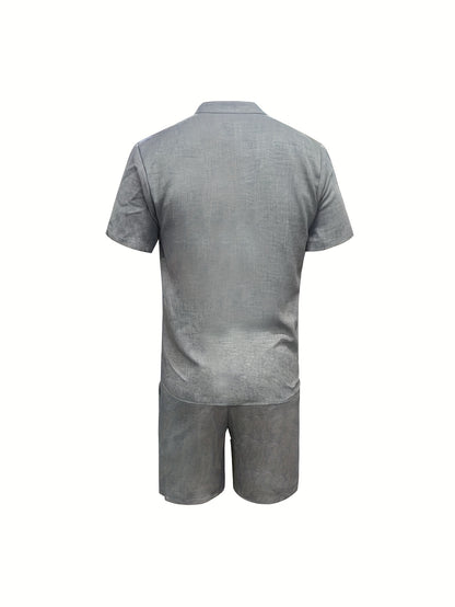 Summer Casual Fabric Men's Solid Color Short Sleeve Single-Breasted Shirt and Shorts Set