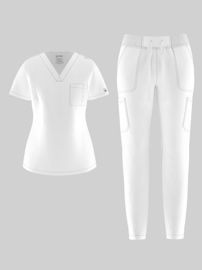 Women's Scrub Pants Set, Elastic Breathable Polyester Spandex Blend, V-Neck Short Sleeve with Pocket, Solid Color, for Work