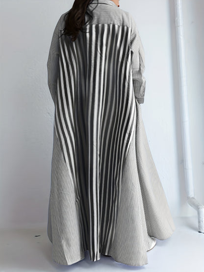 Plus Size - Plus Size - Casual Shirt Dress with Long Sleeves And Striped Stitching Designed for Plus-Size Women