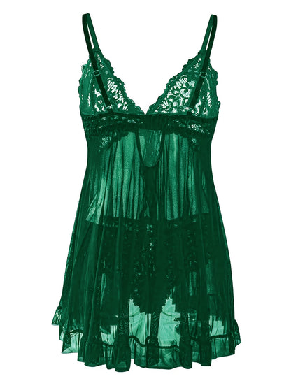 Big Size Sultry Valentine Lace Sleepwear Dress Set - Exquisite Lace, Flattering V-Neckline, Daring Backless Design, Delicate Ruffle Trim, Trendy Split Hem, Seductive Thong Detail, Ultra-Comfortable Fabric, Perfect For Romantic Night, Anniversary Gift