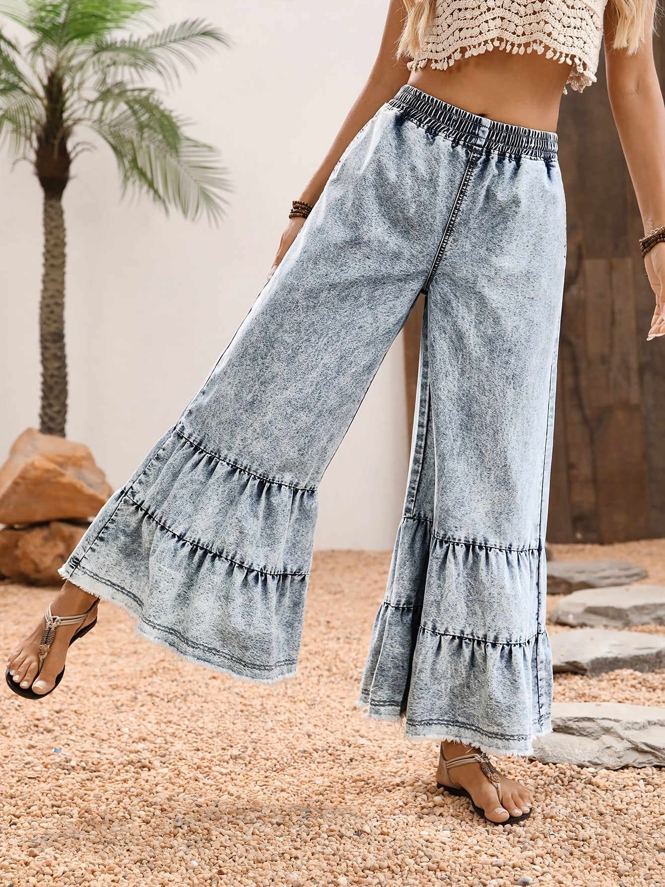 Women'S Large Size Ruffle Hem Denim Wide Leg Raw Edge Pants