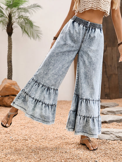 Women'S Large Size Ruffle Hem Denim Wide Leg Raw Edge Pants