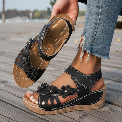 [Open-Toe Wedge Sandals] Women's Wedge Sandals Feature a Classic Combination of Open-Toe Design And Wedge Heel, Adorned with Three-Dimensional Floral Embellishments for a Summery, Women Shoes