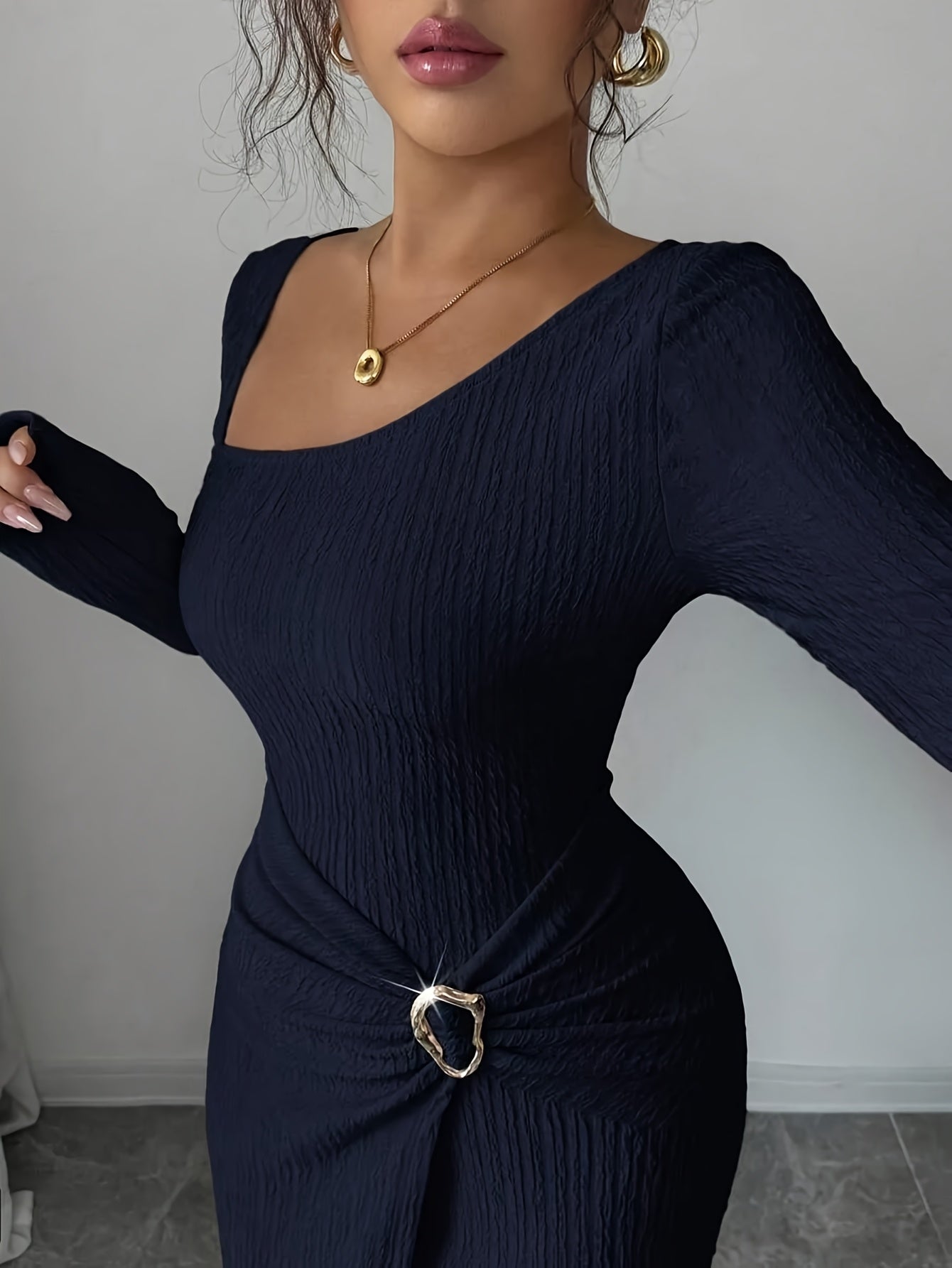 Women'S Solid Color Twisted Split Maxi Dress Asymmetrical Neck Slim Bodycon Fall Winter Elegant Fashion Dress