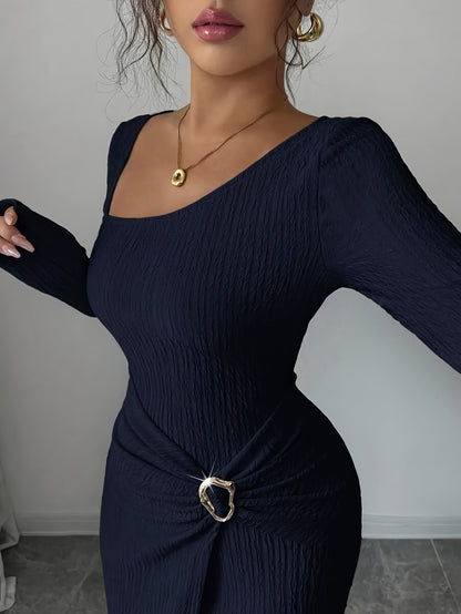 Women'S Solid Color Twisted Split Maxi Dress Asymmetrical Neck Slim Bodycon Fall Winter Elegant Fashion Dress