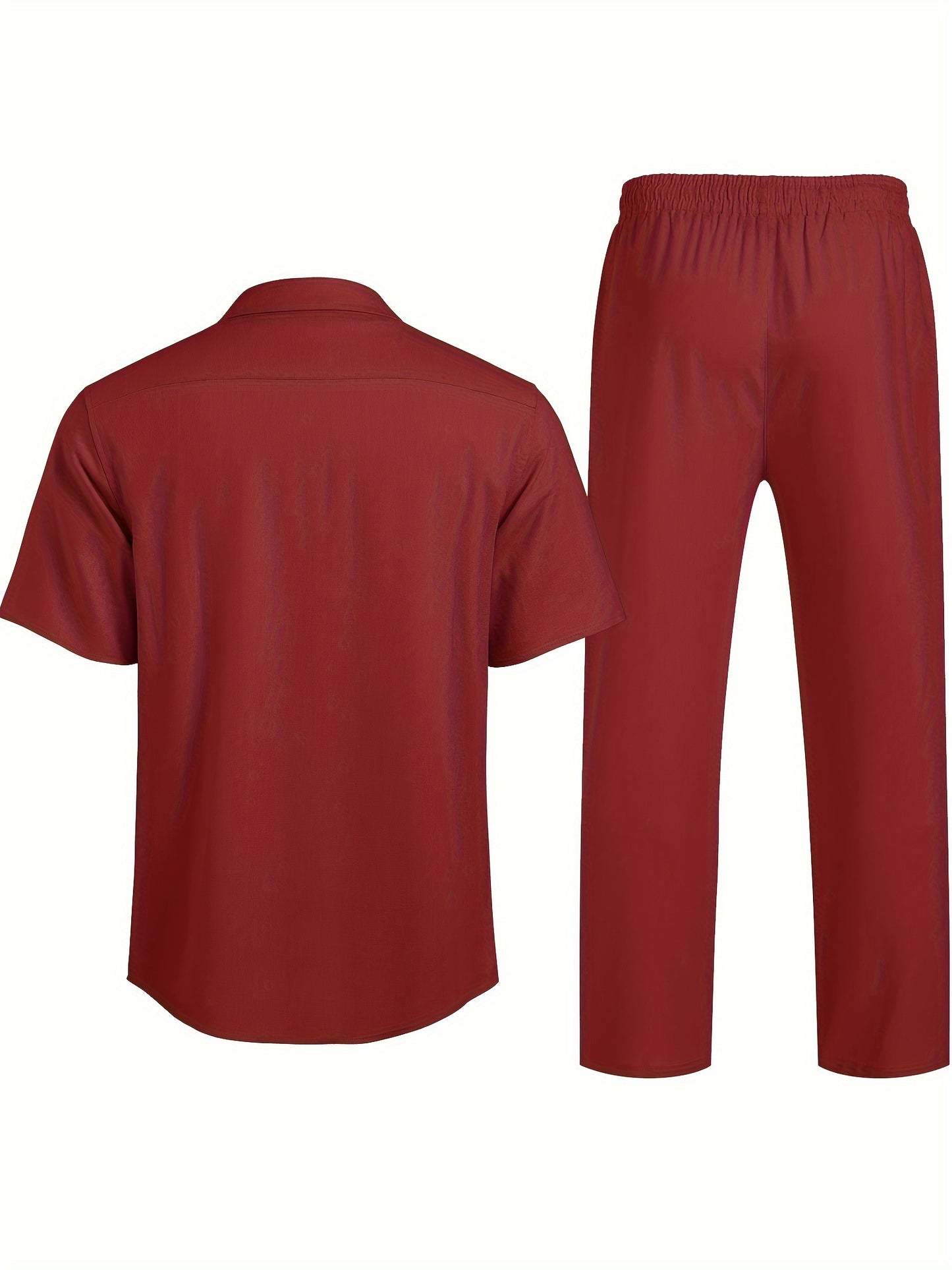 Men 2pcs Linen Outfit Beach Button- Shirt Casual Loose Pant Sets