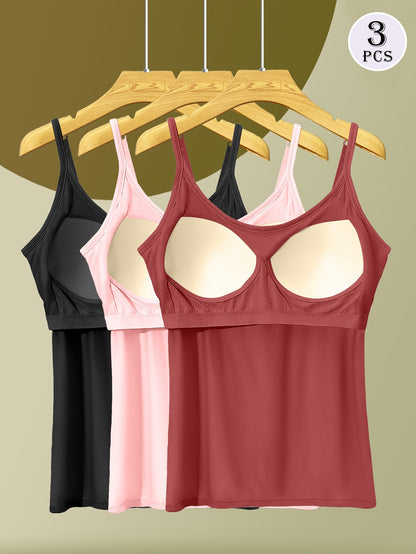 [3-Pack Adjustable Camisole] 3-Pack Comfortable And Versatile Adjustable Strap Camisole With Built-in Bra Pads, One-Piece Bra For Anti-Exposure, Suitable For Home Wear Or Outerwear