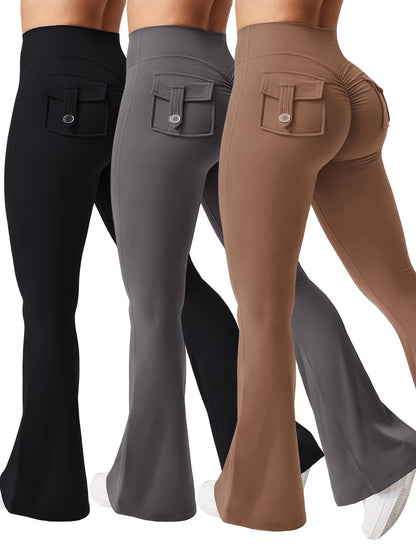 Women's Autumn 3pcs Set, New Style Casual Flared Yoga Pants, Training Flared Trousers, High-Waist Workwear with Belt and Pockets, Sportswear, Halloween Costume, Christmas Apparel