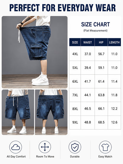 Mens Plus Size Denim Cargo Shorts, Big And Tall Elastic Waist Drawstring Jean Shorts For Men, Loose Fit Blue