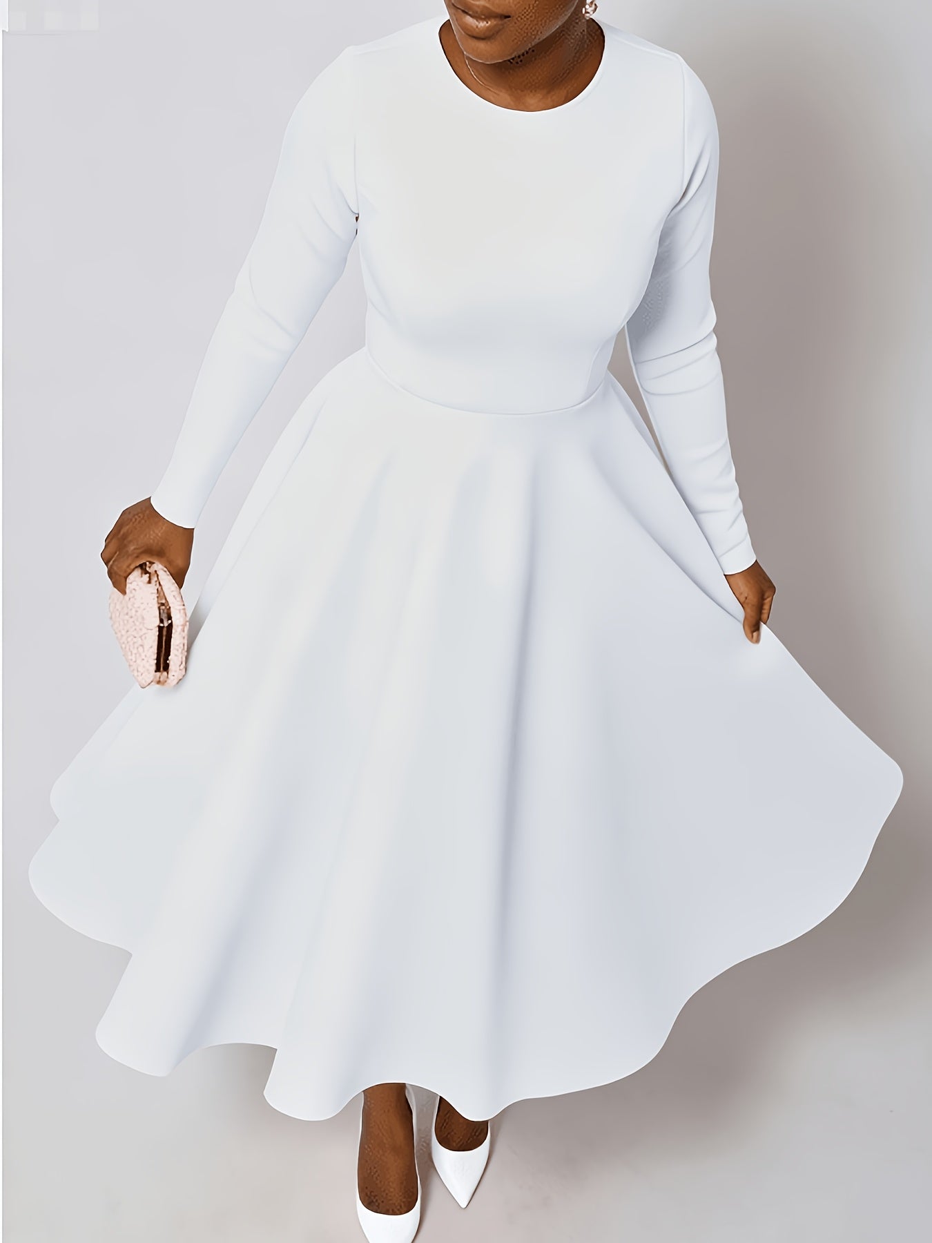 Plus Size - Plus Size Women'S Solid Color Round Neck Long Sleeve Back Pleated Flared Dress Autumn And Winter Elegant Long Dress