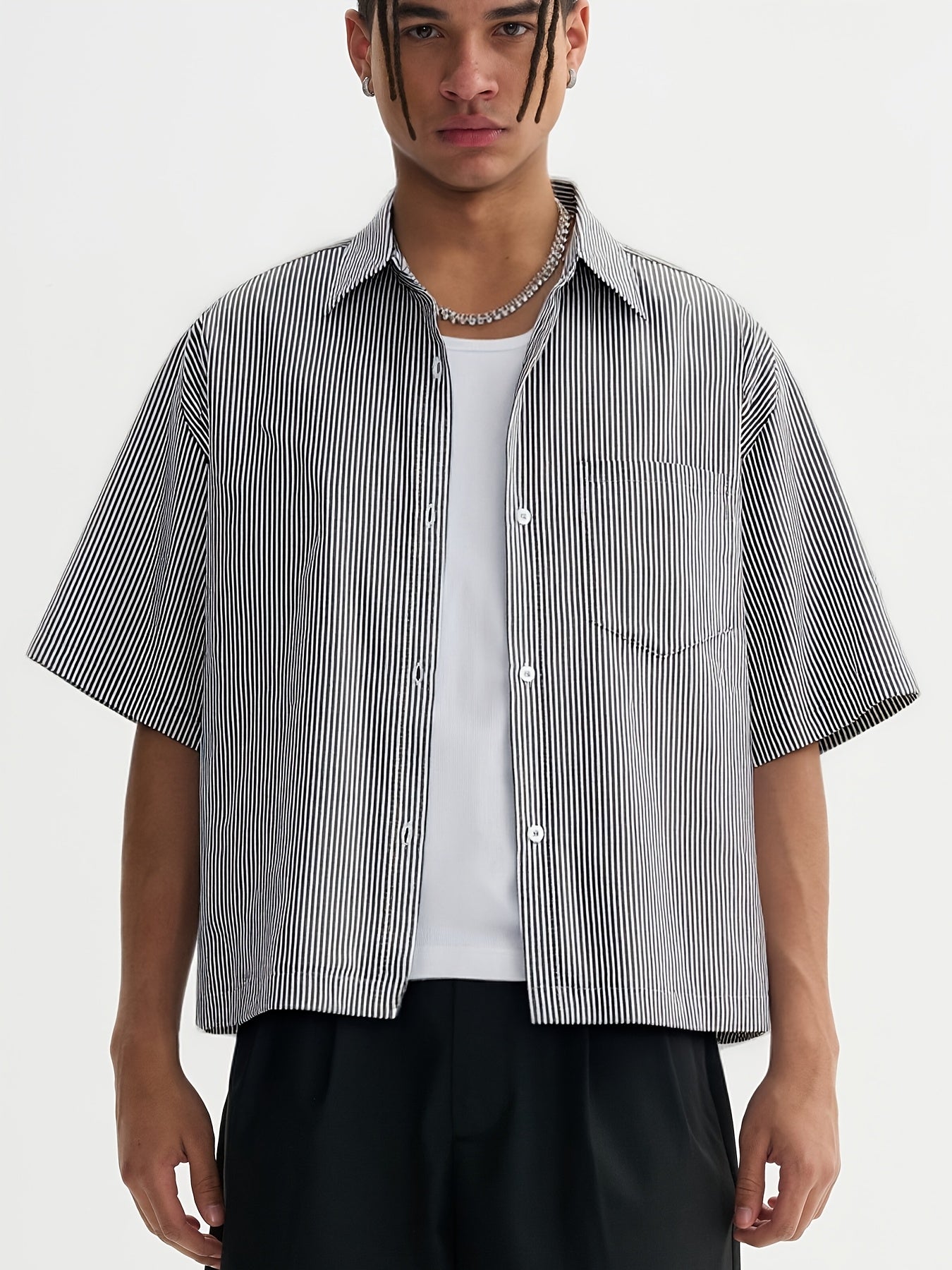 Unisex Casual Striped Shirt - Oversized, Loose Fit, Short Sleeve with Chest Patch Pocket | Lightweight Polyester Fabric | Perfect for Everyday, Beach, Party & Streetwear | Casual Attire | Chic Casual Style | Nontransparent Fabric